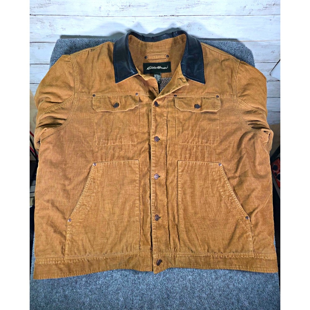 Eddie Bauer Mens XL Corduroy Sherpa Lined Trucker Jacket Brown Y2K 2007